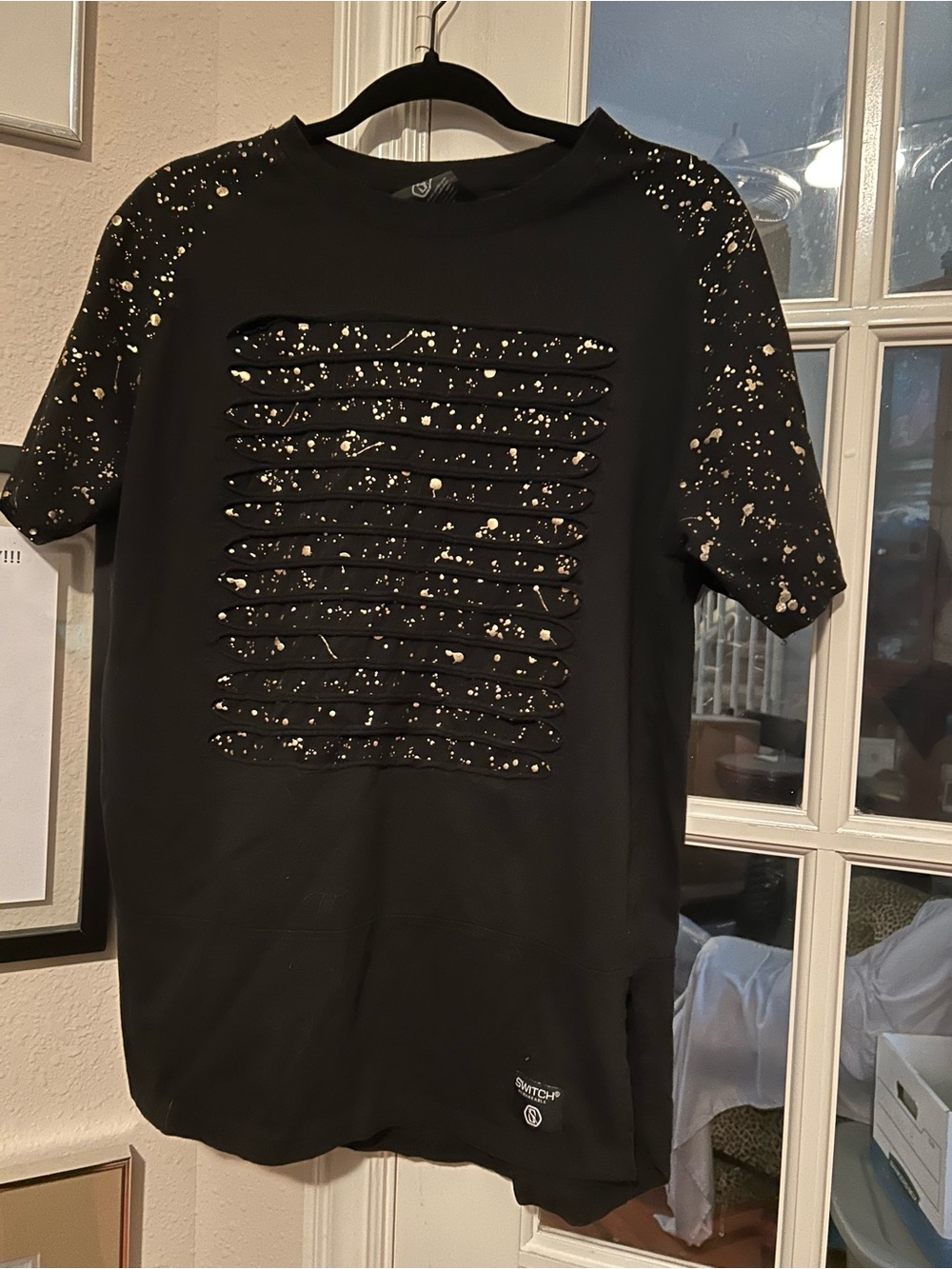 Men's Black Distressed Paint-Splatter Short Sleeve Shirt